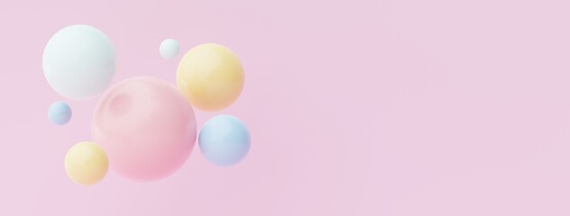 3d render of pastel ball, soaps bubbles, blobs that floating on the air isolated on pastel background. Abstract scene.