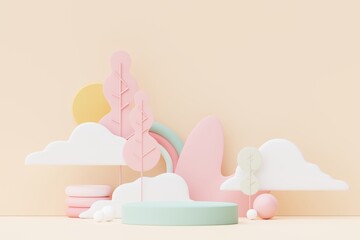 Abstract Pastel of nature, flowers leaves and tree plants with Podium stand platform. Cute Cartoon natural landscape background. Scene of spring colorful plants with minimal design. 3D Render.