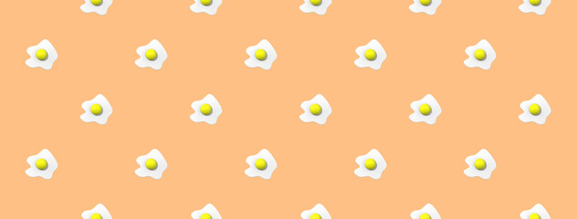 pattern. Image of chicken egg on pastel yellow orange background. Egg with round yolk. Surface overlay pattern. Banner for insertion into site. 3D image. 3D rendering.