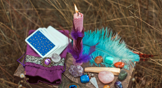 Magic of energy, witch attributes, herbs and flowers, Slavic Wicca rituals and esoteric concept