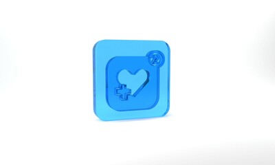 Blue Smartphone with heart rate monitor function icon isolated on grey background. Glass square button. 3d illustration 3D render