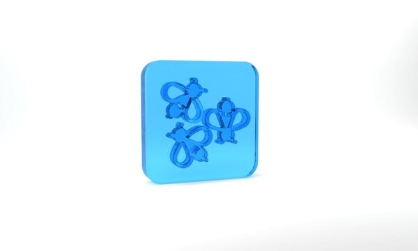 Blue Bees icon isolated on grey background. Sweet natural food. Honeybee or apis with wings symbol. Flying insect. Glass square button. 3d illustration 3D render