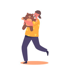 Little Girl Character Holding Soft Teddy Bear Toy Playing and Smiling Isolated on White Background. Child Happiness