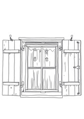 Vintage country window with shutters. Ink illustration. Line art, black and white style on a white background.