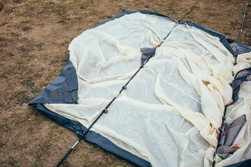 Setting up a tent. Hiking. Outdoor recreation. Tent camp.