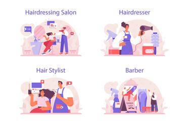 Hairdresser concept set. Idea of hair care in salon with professional