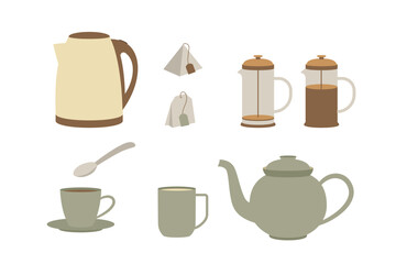 Kettle, brewer, teapot, mug and cup. Set of appliances