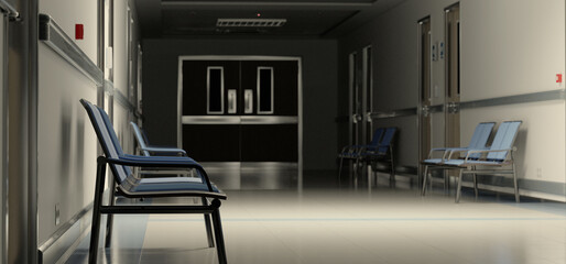 Long dark hospital corridor with rooms and seats 3D rendering. Empty accident and emergency interior with bright lights lighting the hall from the ceiling