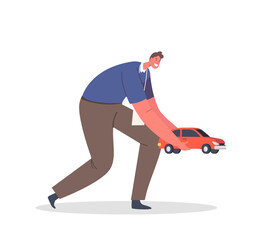 Man Volunteer Hold Plastic Car Gift or Donation to Orphans Kids. Male Character Donate Toy, Humanitarian Aid,