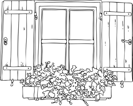 Vintage country window with shutters and flowers. Vector illustration. Line art, black and white style on a white background.