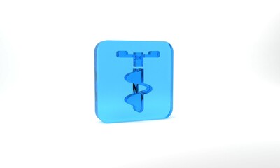 Blue Hand ice drill for winter fishing icon isolated on grey background. Glass square button. 3d illustration 3D render