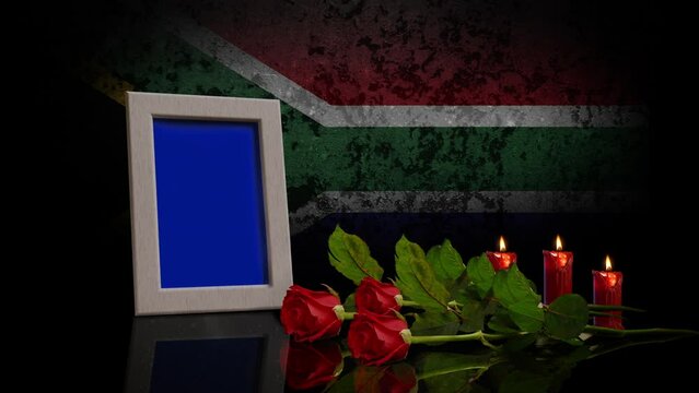Memorial Day Card. With the Flag of South Africa in the Background. Looped. Photo or Video can be Placed in Blue Frame.	