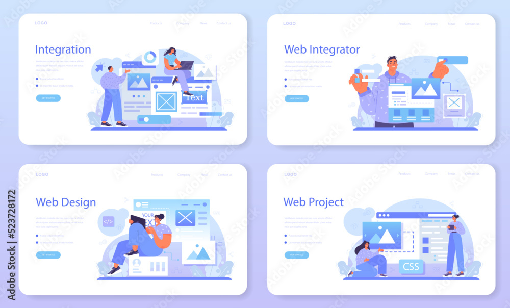 Poster web integration web banner or landing page set. website layout converting