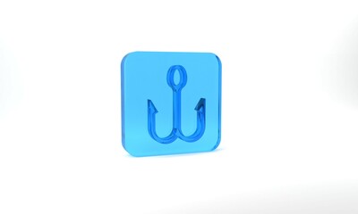 Blue Fishing hook icon isolated on grey background. Fishing tackle. Glass square button. 3d illustration 3D render