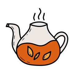 Doodle glass kettle with tea leaves vector illustration