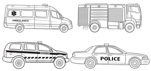 Set of Vehicles of various emergency services vehicle vector illustration. Police, ambulance, fire brigade, rescuers isolated on white background