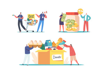 Set Tiny People Filling Huge Cardboard Box with Donated Food and Money to Help Poor People in Shelter. Donation, Support