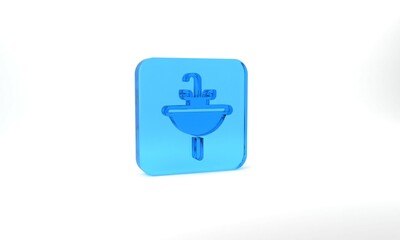 Blue Washbasin with water tap icon isolated on grey background. Glass square button. 3d illustration 3D render