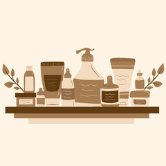 skincare routine products in wall floating shelf hand drawn flat illustration set