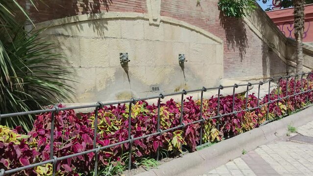 Fuente ajardinada en la plaza del P&oacute;sito de la ciudad de Ja&eacute;n, Espa&ntilde;a