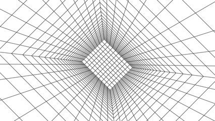 3D wireframe room white on blue background. Abstract perspective grid. Vector illustration.