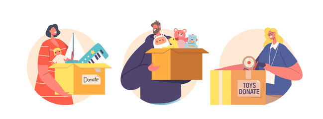 Volunteers Characters Holding Boxes with Donated Toys Isolated Round Icons or Avatars. Humanitarian Aid to Children