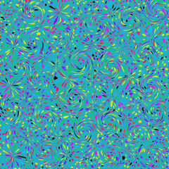 Abstract vector seamless pattern of multicolored dots, abstract flowers, spirals in bright neon colors.