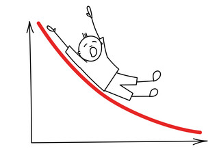 A man is rolling down the downward schedule. Conceptual vector illustration of business problems and decline in indicators. Crisis.