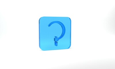 Blue Sickle icon isolated on grey background. Reaping hook sign. Glass square button. 3d illustration 3D render