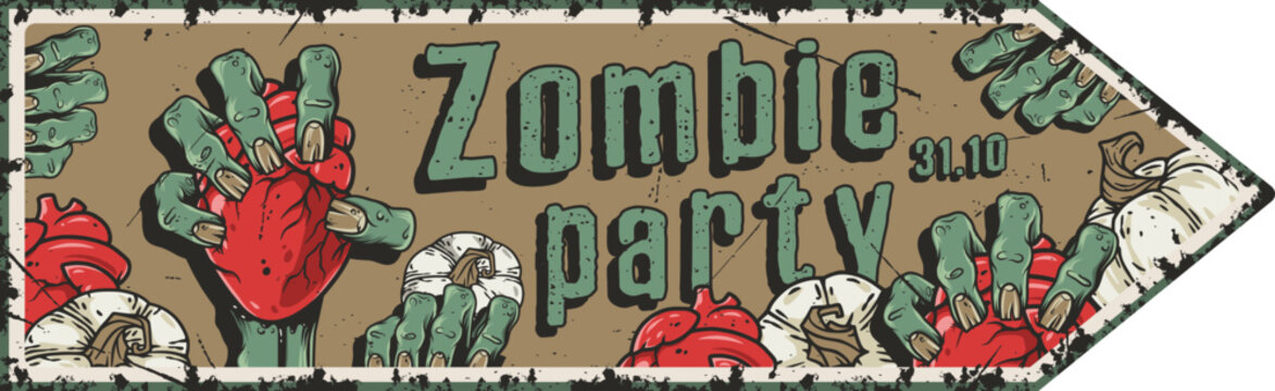 Halloween party poster with zombie hand, heart and cemetery. October autumn scary banner