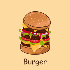 Cartoon Burger With meat, onion, tomato, cheese, sauce. Illustration of a cute designed hamburger. Cartoon style, burger isolated on a pink background.