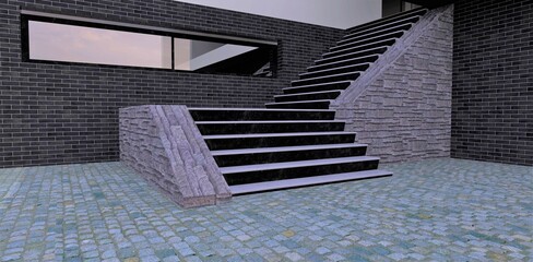 Concrete staircase in the courtyard of a modern house. Slate grey. Stone blocks natural granite. Black brick wall finish. 3d render.
