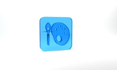 Blue Paint brush with palette icon isolated on grey background. Glass square button. 3d illustration 3D render