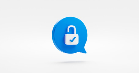 Unlock 3d icon isolated on white background with blue secure safety lock password bubble message security symbol or secret privacy access protection sign and private open key safe firewall protect.