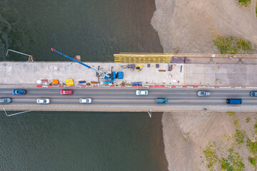 Modernization and repair of highway bridge aerial top view