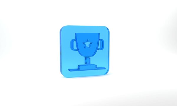 Blue Award cup icon isolated on grey background. Winner trophy symbol. Championship or competition trophy. Sports achievement sign. Glass square button. 3d illustration 3D render