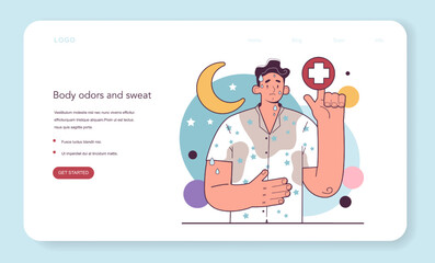 Night sweat concept. Heavy sweating during sleep. Young character