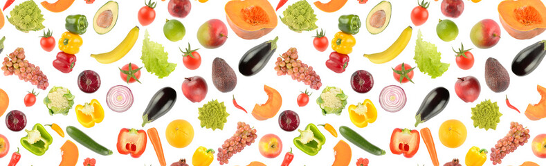 Colorful seamless pattern fresh bright vegetables and fruits isolated on white