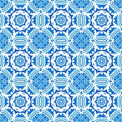 Blue white watercolor azulejos tile background. Seamless coastal geometric floral mosaic effect. Ornamental arabesque all over summer fashion damask repeat