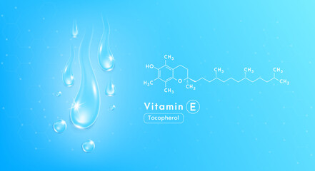 Drop water vitamin E blue and structure. Collagen oil solution. Serum vitamin complex. Beauty treatment nutrition skin care design. Medical and scientific concepts. 3D Realistic Vector EPS10.