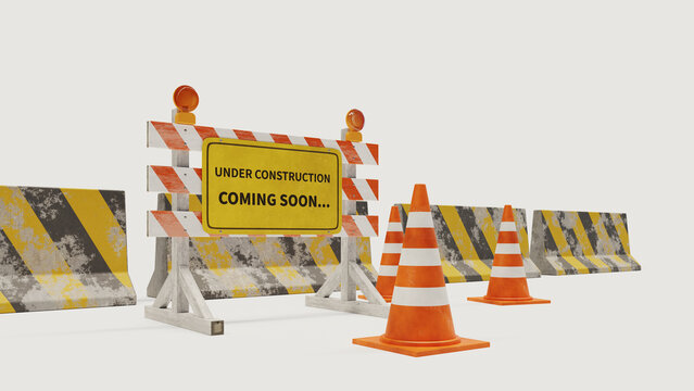 under construction concept, road barrier with sign, 3d rendering