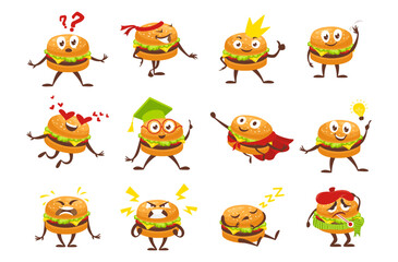 Funny burger character set isometric vector illustration. Cute fast food emoticon smileys