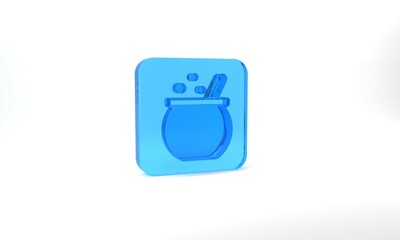 Blue Halloween witch cauldron icon isolated on grey background. Happy Halloween party. Glass square button. 3d illustration 3D render