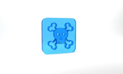 Blue Skull on crossbones icon isolated on grey background. Happy Halloween party. Glass square button. 3d illustration 3D render