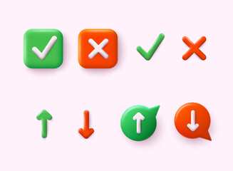 Set icons of check mark and cross mark symbols and elements, up and down arrows. 3D Web Vector Illustrations.