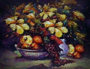     Art painting oil color flower in vase    