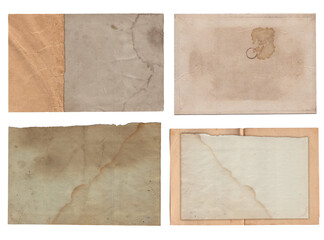 Set of various Old papers and postcards with scratches and stains texture isolated