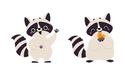Funny raccoon in different activities set. Cute wild animal character waving its paw and holding heart cartoon vector illustration