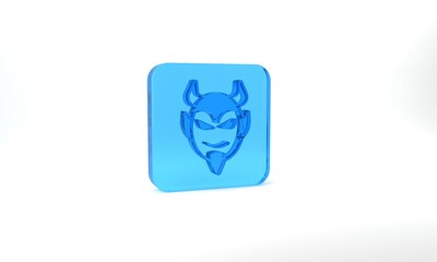 Blue Devil head icon isolated on grey background. Happy Halloween party. Glass square button. 3d illustration 3D render