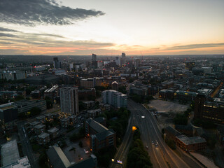 drone shot  of Leeds city centre with the A58 Leeds inner ring road in the foreground